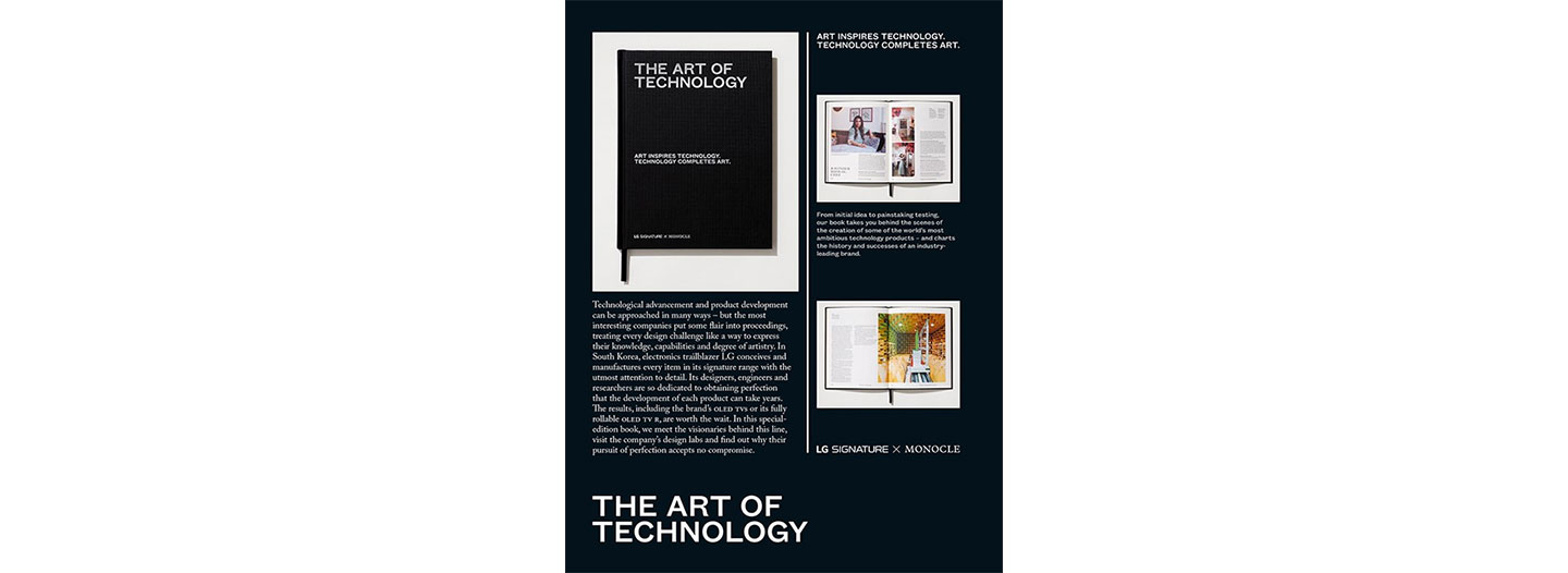 A poster with three images of the LG SIGNATURE X Monocle brand book with explanations on what the book is about