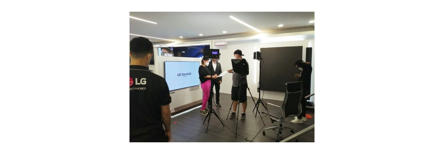 LG staff working on set as they prepare for the official LG OLED launch event in Panama