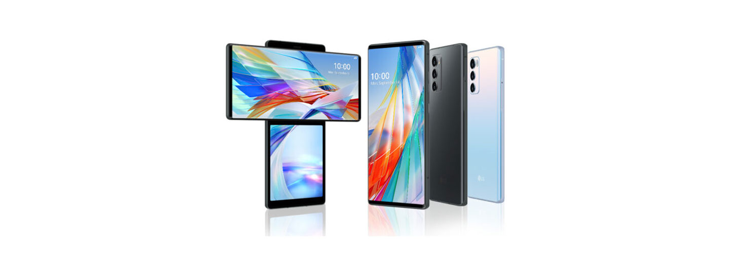 (From left) Front view of LG WING in Swivel Mode in Aurora Gray, as well as the front and rear view of LG WING in Basic Mode in Aurora Gray and Illusion Sky