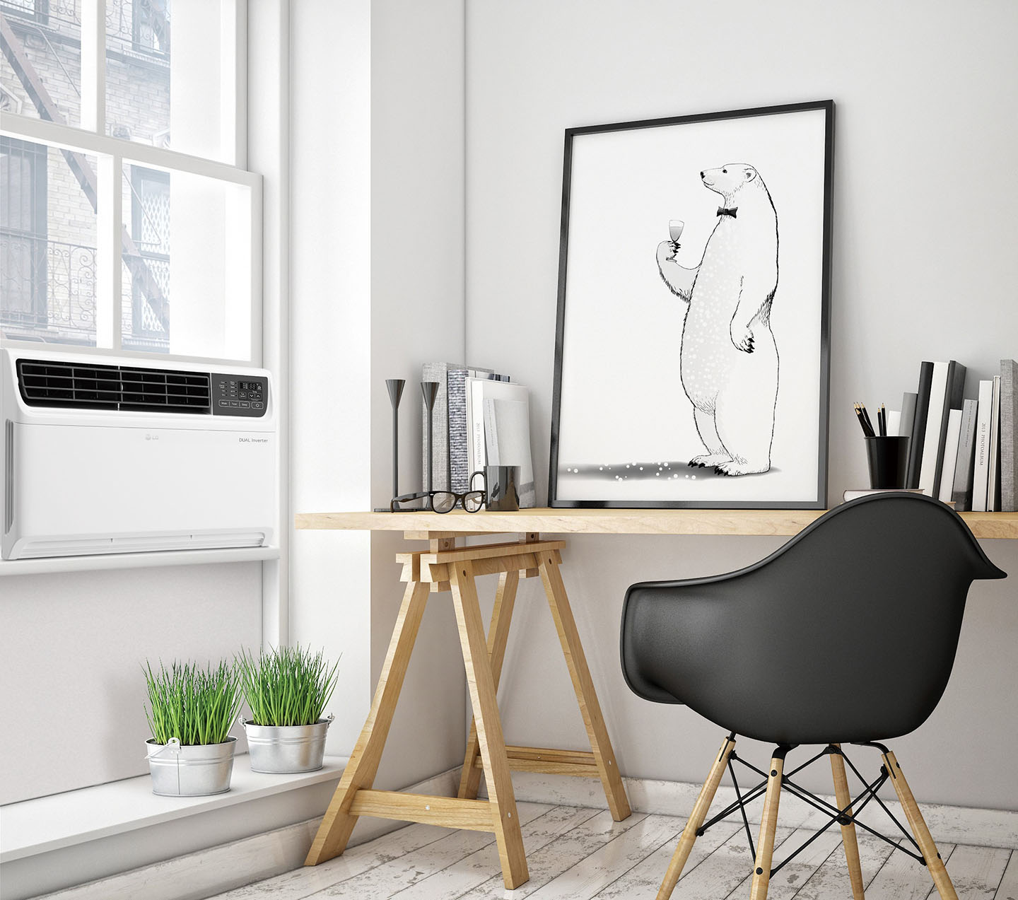 A concept image where the LG DUAL Inverter Smart Wi-Fi-enabled Window Air Conditioner is installed in a residential space