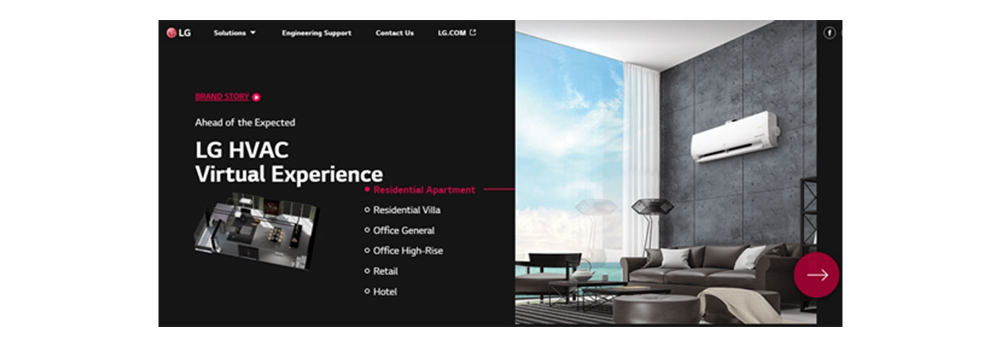  LG HVAC Virtual Experience’s main page with the list of virtual zones alongside a picture of the modern residential apartment showroom