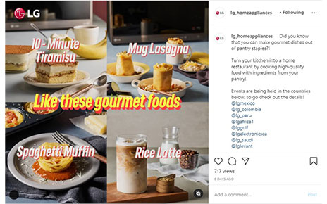 A screenshot of LG Home Appliances’ Pantry Dish Challenge post on Instagram which shows four gourmet foods you can make at home
