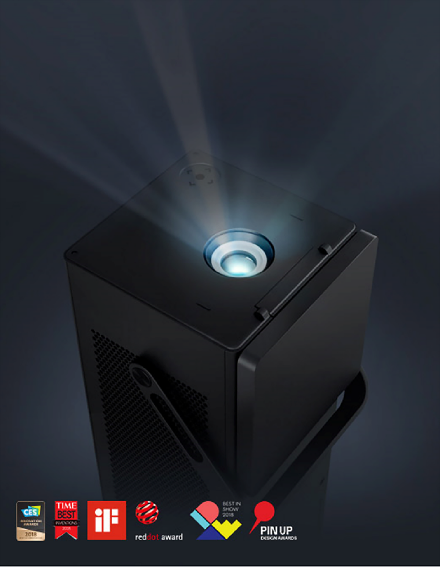 A close up picture of LG projector with logos of the awards it won