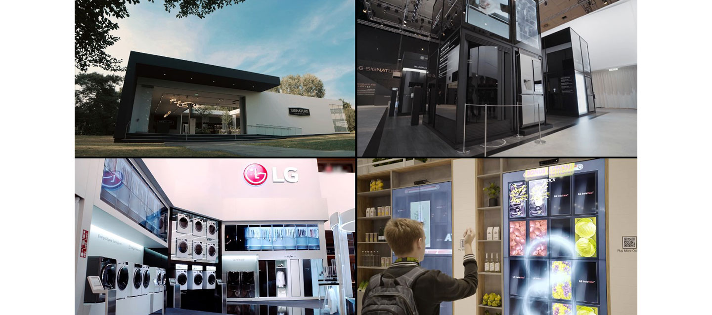 Pictures showing various home innovations LG has showcased over the years, including displays of its fridges, washing machines and the LG SIGNATURE showroom