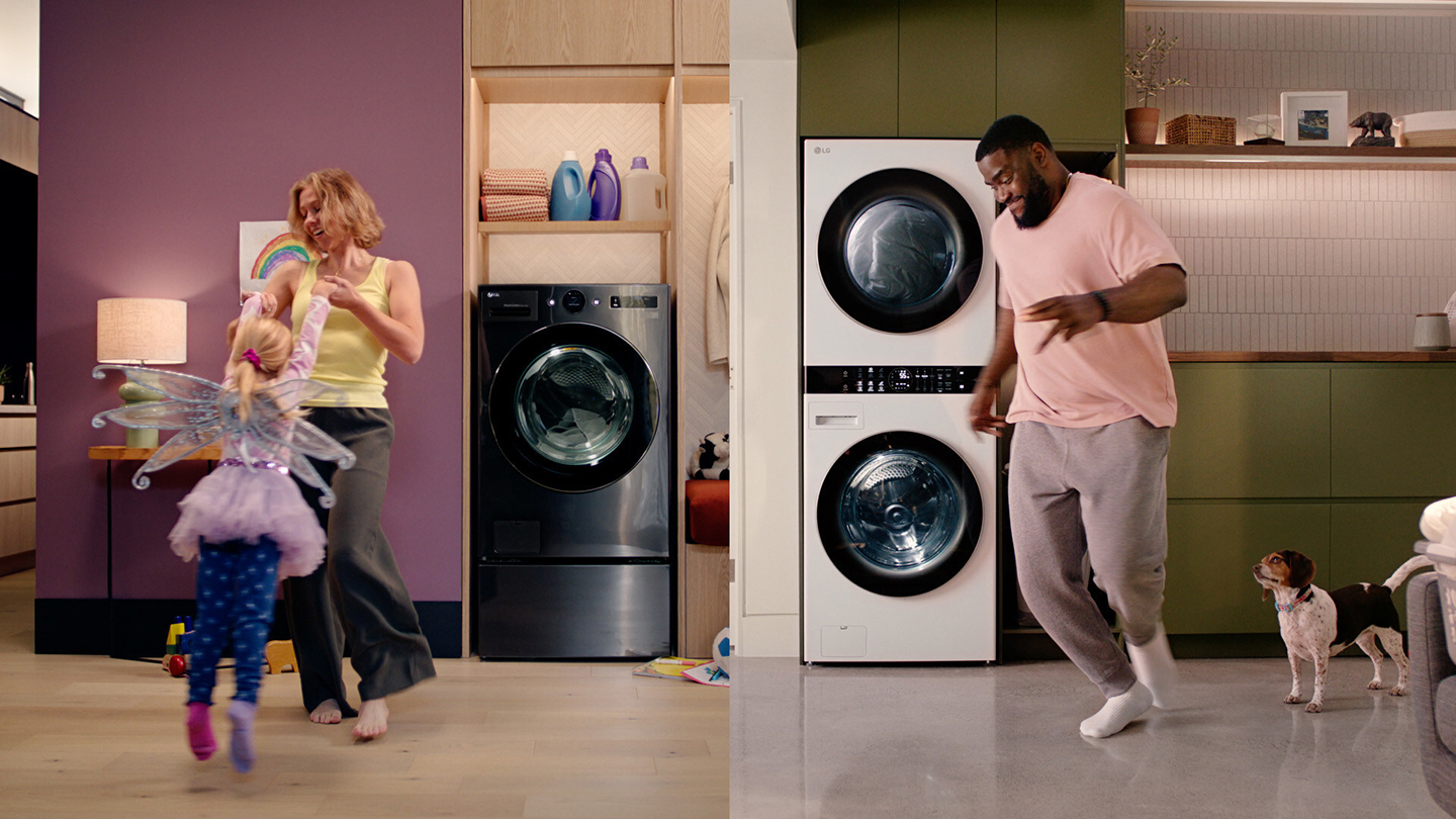 A photo of a family dancing in front of LG washing machine
