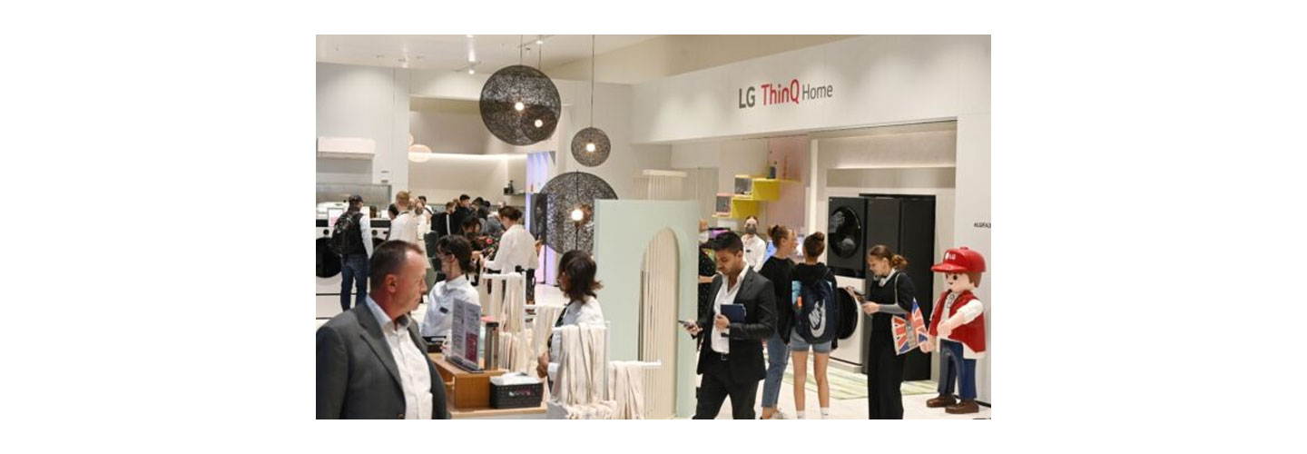 A part of the LG Booth at IFA 2022 decorated with LG ThinQ-enabled appliances and LG-themed toys made from the collaboration with PLAYMOBIL