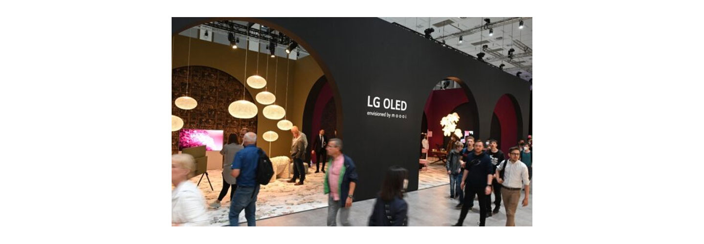Part of LG Booth at IFA 2022 where LG's new XBOOM 360 speaker, the TONE Free and TONE Free fit are paired with furniture and home accessories from Moooi