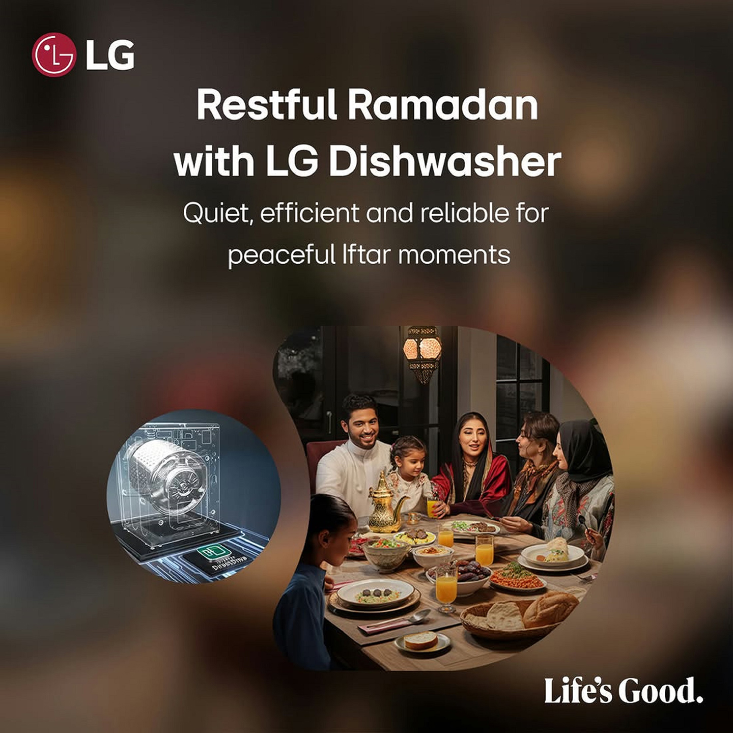A photo of family a dinner table, and a blueprint of the dishwasher beside with a slogan
