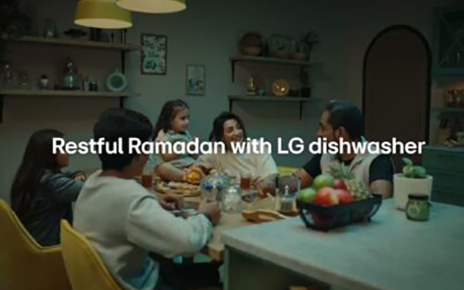 A photo of family a dinner table with a slogan 'Restful Ramadan with LG dishwasher'