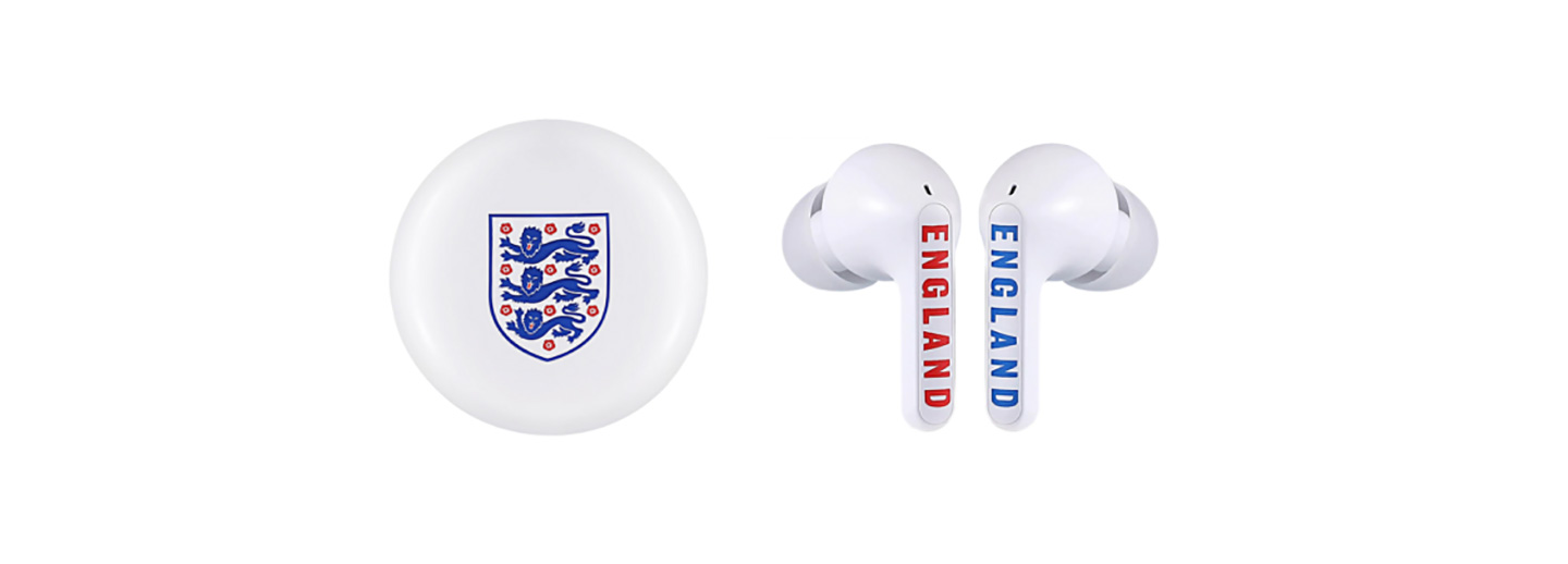  The charging case and earbuds of the limited-edition TONE Free model in partnership with the English National Football Team and the Football Association