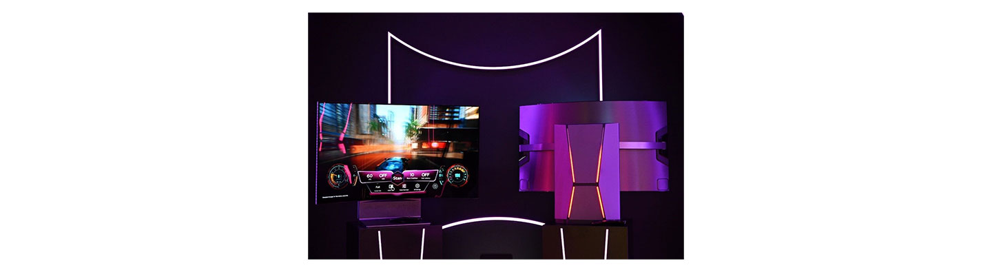 A front and rear view of LG OLED Flex, with the screen displaying racing gameplay