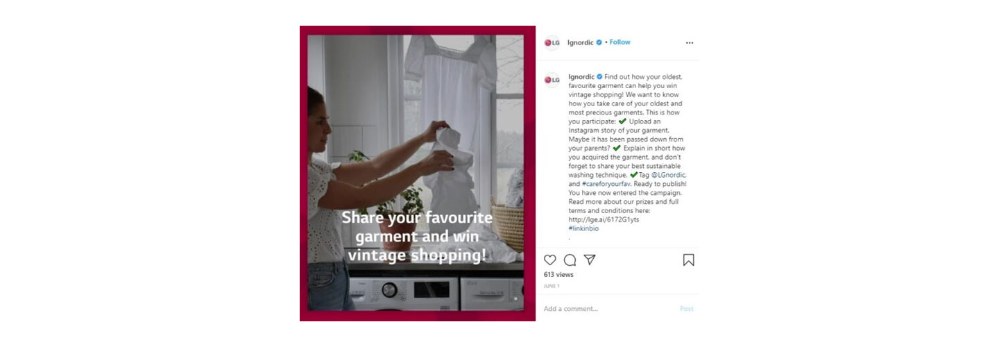 The LG Nordic Instagram page’s post showing a woman holding a delicate white shirt in front of LG’s AI DD washing machine