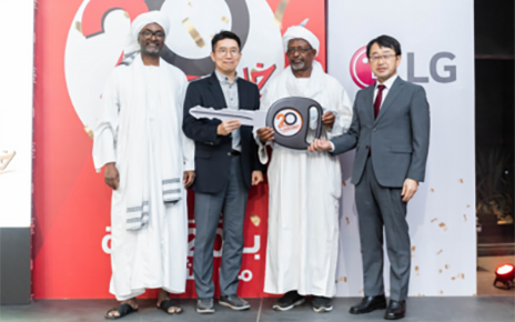 (From left to right) Ahmed Amin Abdellatif, president of CTC Group, Dong Won Lee, managing director of LG East Africa, Mohammed Azeem, one of the top five dealers at CTC Group and Namgung Hwan, ambassador of the Republic of Korea to Sudan, posing together for a photo holding a big car key