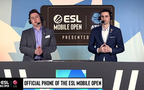 Two male announcers introduce the LG G8X ThinQ with Dual Screen as the official phone of the ESL Mobile Open.