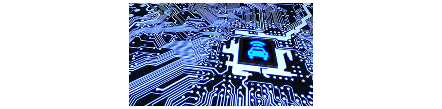 An illustration of a chip with a car icon on a circuit board 