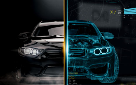 The image of two cars from different companies merged together in the center