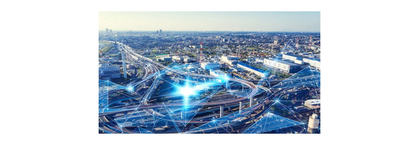 A city skyline with buildings connected with blue light