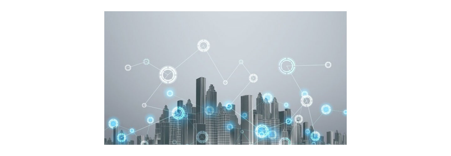 A city skyline with small dots connected to each other to depict the cloud