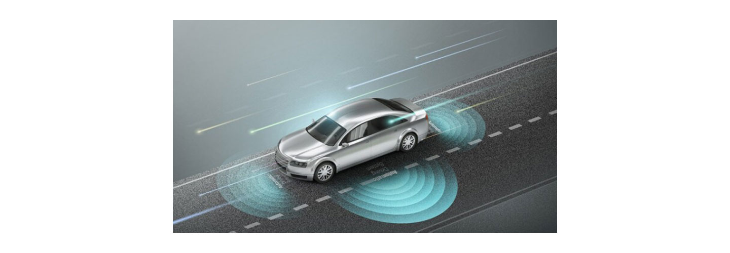 An automobile on the road with activated sensors 