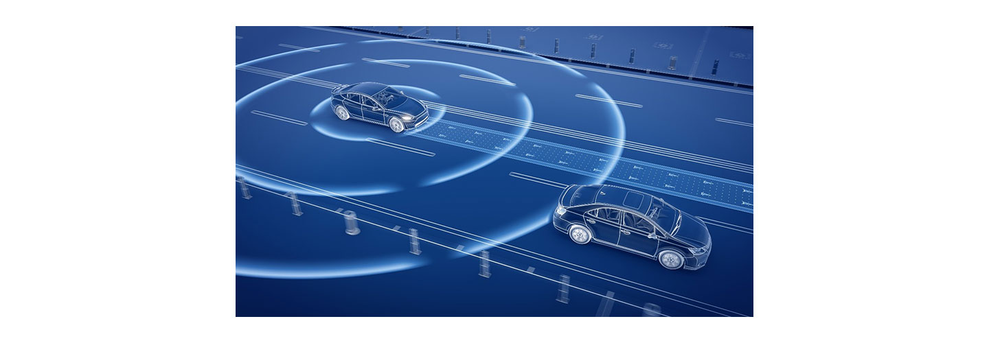 Two vehicles on the road with a camera sensor on