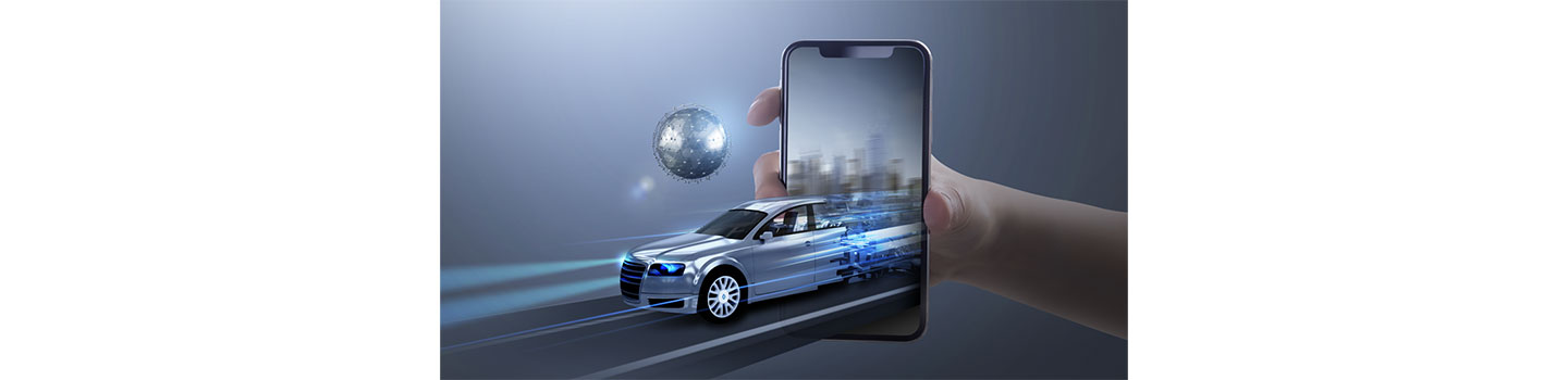 An illustration of an automobile coming out from a smartphone