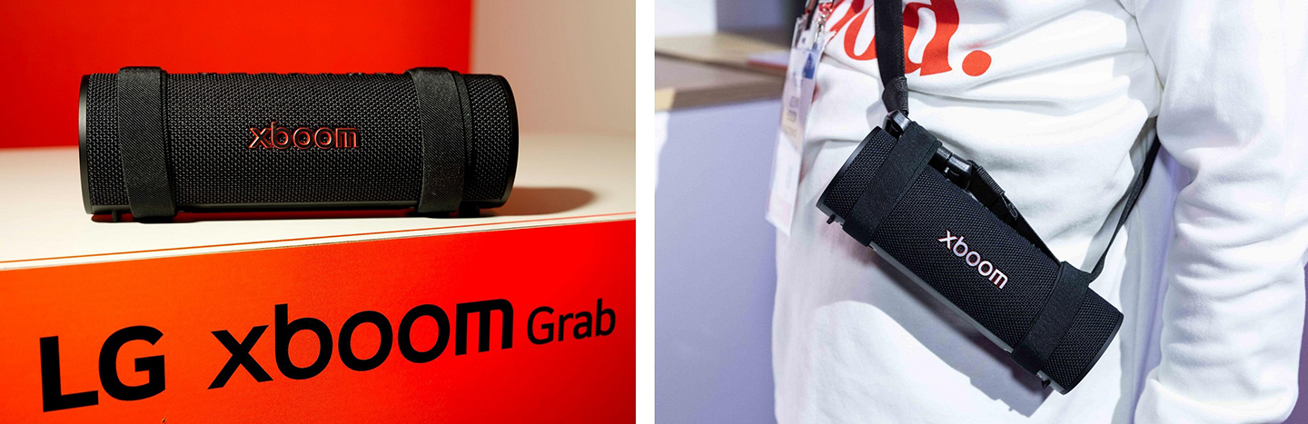 A photo LG xboom Grab  on the left, and a photo of a person wearing xBoom Grap on the right
