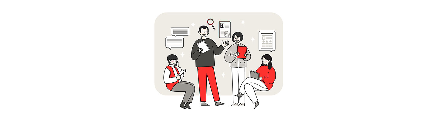 An illustration of four HR employees discussing HR-related matters with charts
