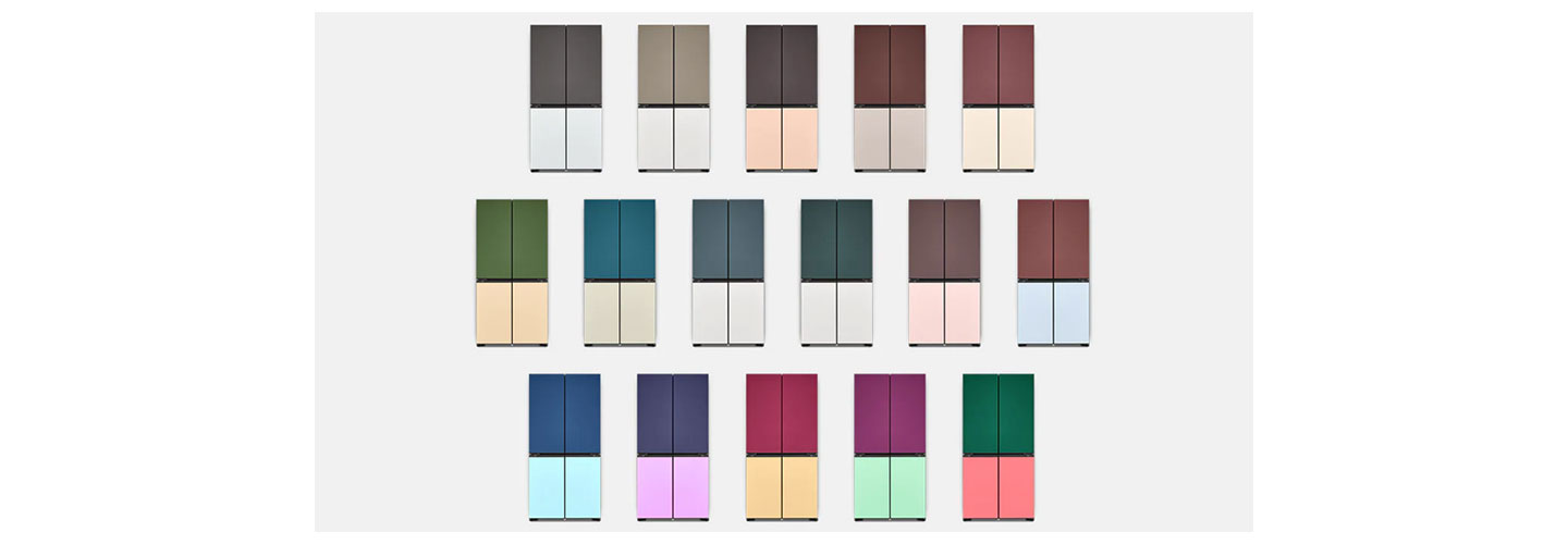 A set of LG MoodUP InstaView™ refrigerators in different colors