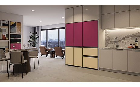 Side view of LG MoodUP InstaView™ refrigerator installed in the dining room