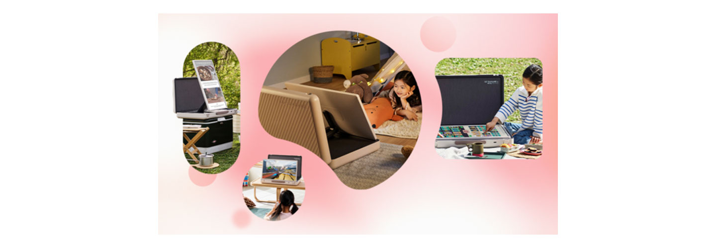 A collage of images shows children using the LG StanbyME Go for both indoor and outdoor purposes
