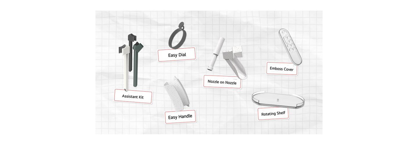 LG Universal UP Kit includes the Assistant kit, Easy Dial, Easy Handle, Nozzle on Nozzle, Rotating Shelf and Emboss Cover