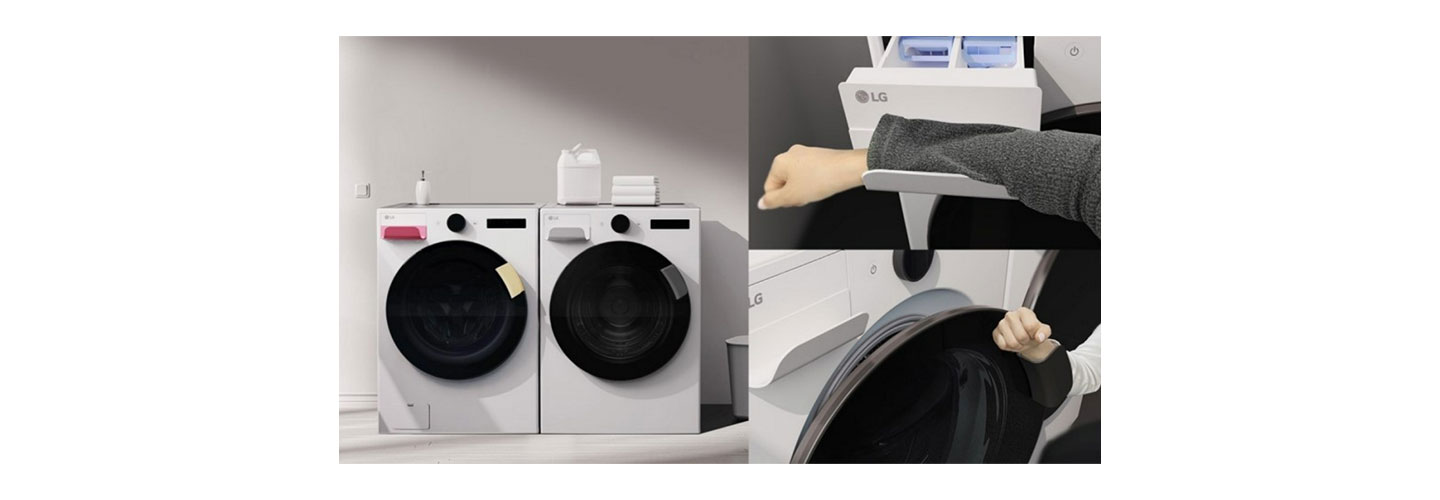 The Easy Handle Kit is applied to the LG washer’s door and detergent drawer, and a hand is using the Easy Handles on the washer