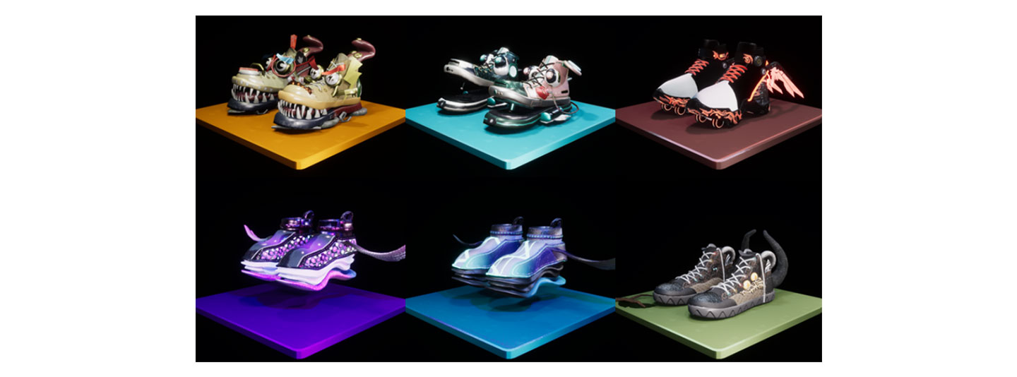 Six different designs of NFT shoes developed by Monshoecl