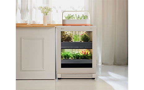 A front view of LG tiiun Nature Beige indoor gardening appliance with tiiun mini on its top