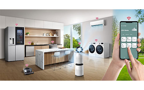 Image with a kitchen decorated with various LG products on the right and a person touching a smartphone displaying LG ThinQ app on the right
