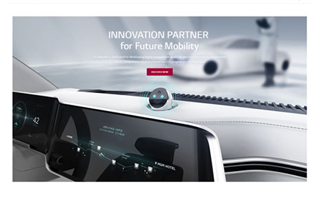 The homepage of LG's Future Mobility website with an image of an infotainment installed in a vehicle 