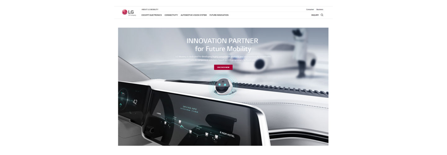 The homepage of LG's Future Mobility website with an image of an infotainment installed in a vehicle 