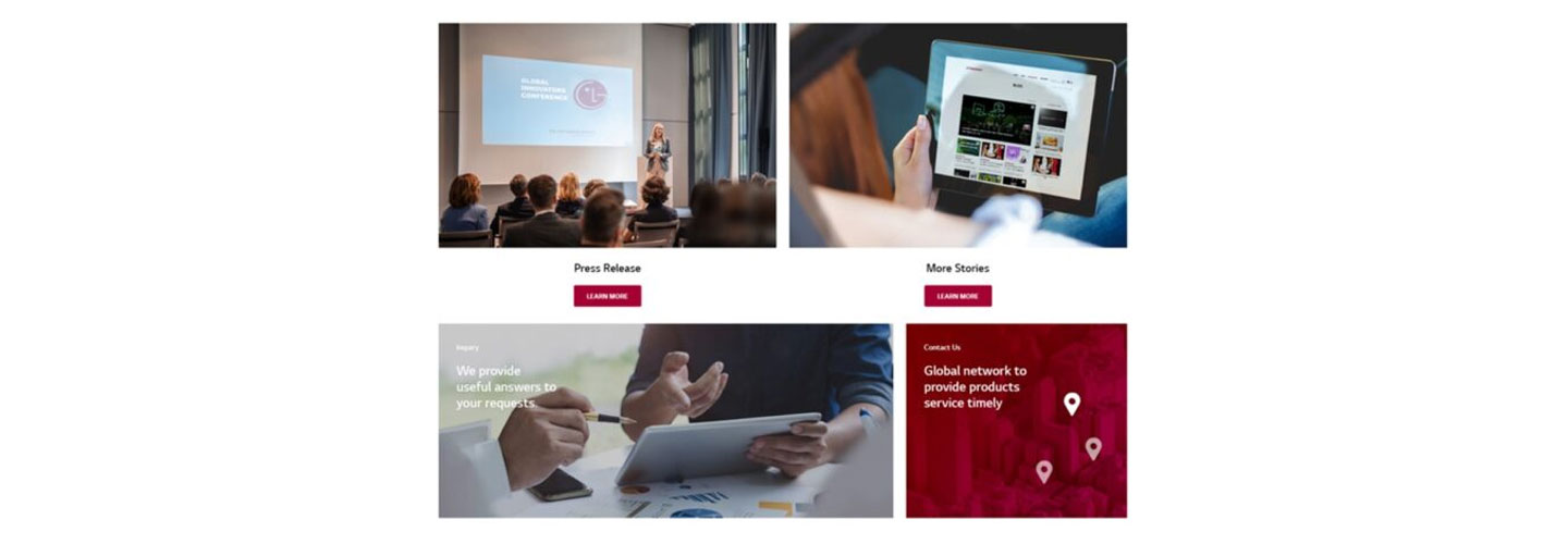 A screenshot of LG's Future Mobility website with links to press releases, stories and more.
