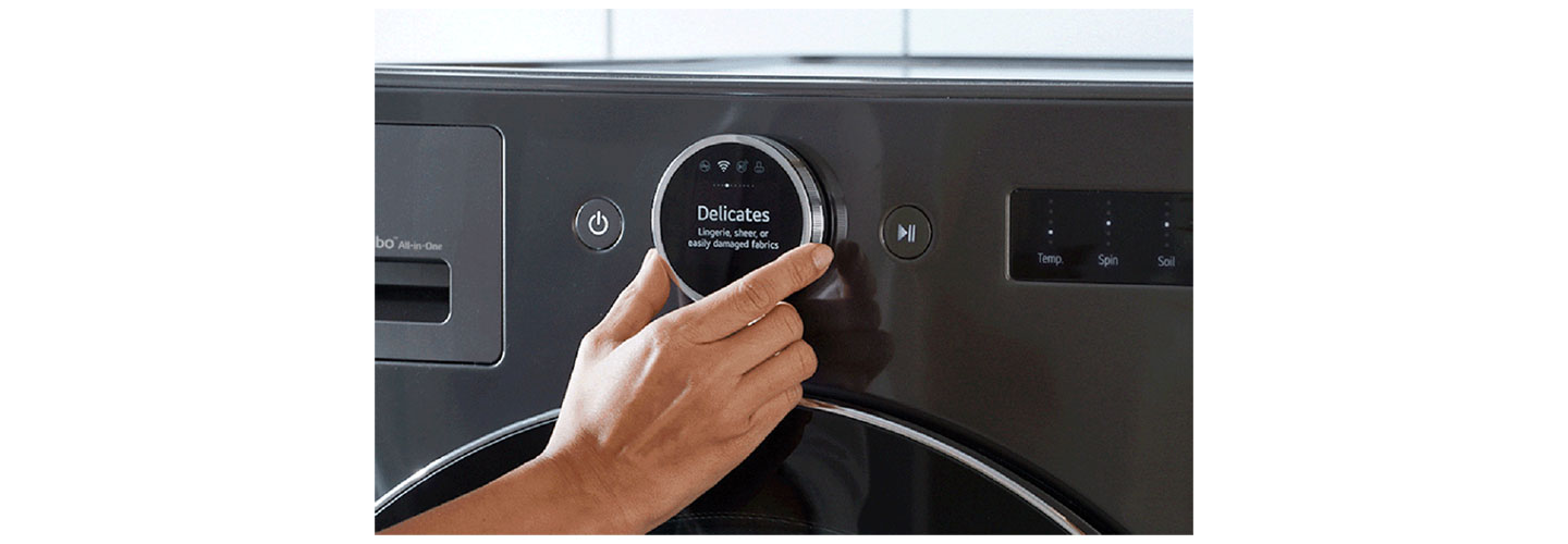A close-up photo of the control buttons on the LG WashCombo
