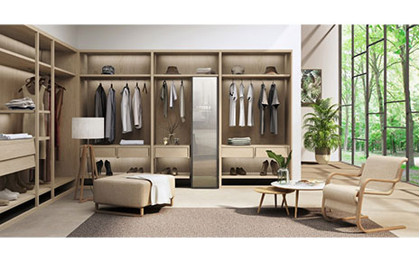 LG Styler effortlessly blending into a modern dressing room with smart clothes hanging up on either side
