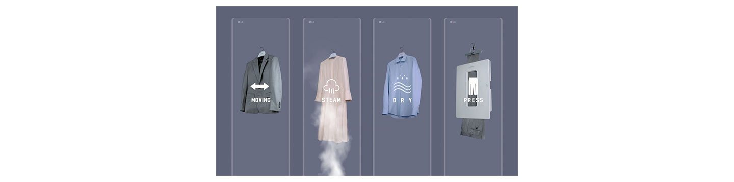 An image showing LG Styler's moving, steam, dry and press features that help keep clothes clean and wrinkle free.