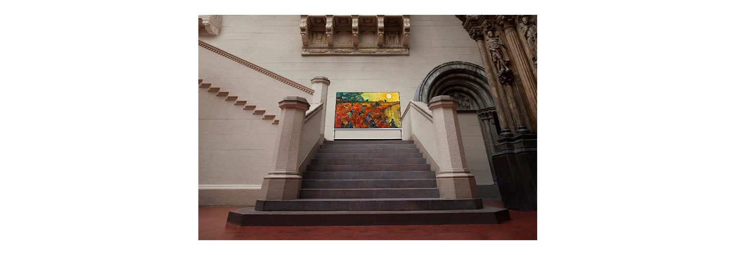  LG SIGNATURE OLED 8K TV stands on the stairway of the Pushkin State Museum of Fine Arts in Moscow, Russia, while displaying one of its famous paintings