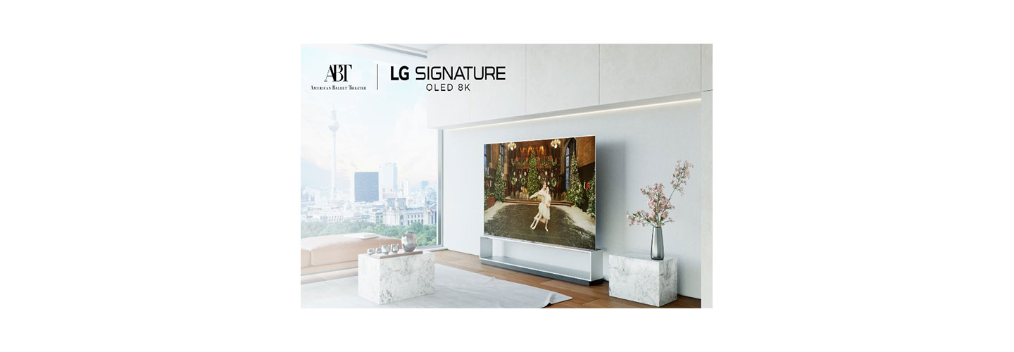  LG SIGNATURE OLED 8K TV showcases the American Ballet Theater’s performance of The Nutcracker inside a bright modern living room with a beautiful view of the city