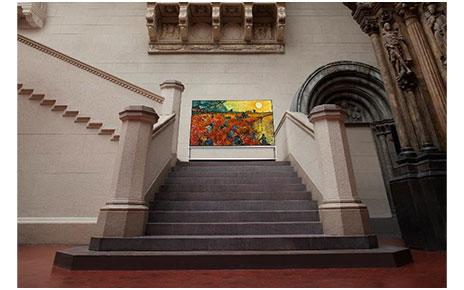  LG SIGNATURE OLED 8K TV stands on the stairway of the Pushkin State Museum of Fine Arts in Moscow, Russia, while displaying one of its famous paintings