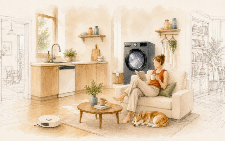 Watercolor panorama illustration. A woman sits comfortably on a cream-colored sofa holding a white mug and reading a book, while a corgi dog sleeps peacefully on a rug at her feet. In the adjacent kitchen, a white dishwasher is built into the wooden cabinets, a sleek black washing machine stands nearby, and a white round robot vacuum independently cleans the floor. The left and right edges of the scene fade into a light pencil sketch style, revealing a doorway leading to an adjoining room on the left and a dining area on the right.