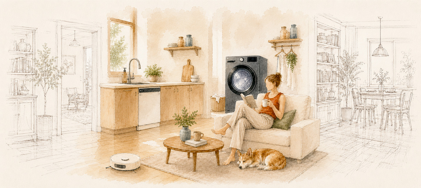 Watercolor panorama illustration. A woman sits comfortably on a cream-colored sofa holding a white mug and reading a book, while a corgi dog sleeps peacefully on a rug at her feet. In the adjacent kitchen, a white dishwasher is built into the wooden cabinets, a sleek black washing machine stands nearby, and a white round robot vacuum independently cleans the floor. The left and right edges of the scene fade into a light pencil sketch style, revealing a doorway leading to an adjoining room on the left and a dining area on the right.