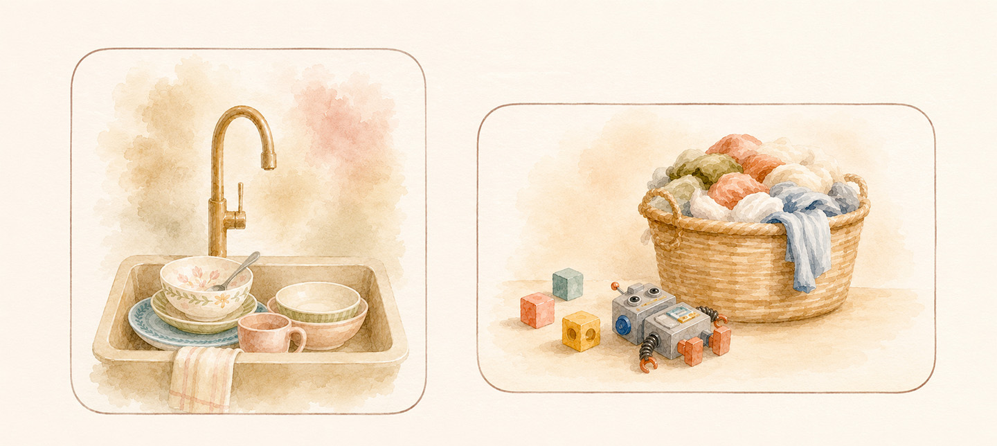 Watercolor split-panel illustration. In one rounded rectangular frame, a gold-colored goose-neck faucet stands over a beige kitchen sink piled with a floral white bowl, a small pink mug, and stacked patterned plates. In the other rounded rectangular frame, a woven wicker laundry basket overflows with rolled-up clothes in soft shades of green, peach, and blue, with three small toy building blocks and a grey toy robot with orange feet scattered on the floor beside it.