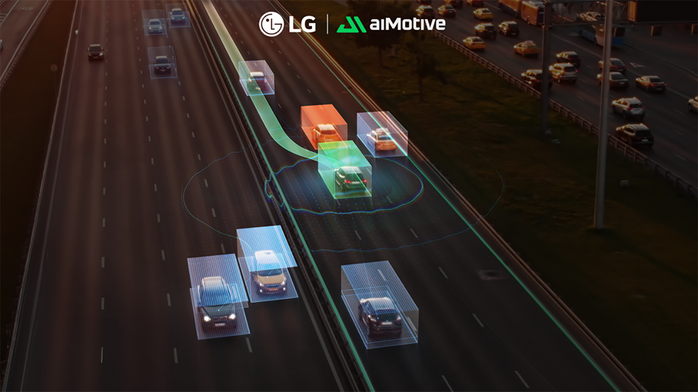 A computer-generated visualization of automotive AI technology by LG and aiMotive shows vehicle detection capabilities on a nighttime highway.
