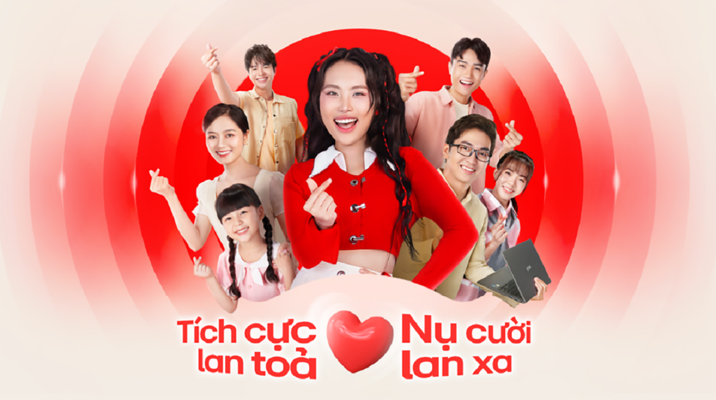 An illustration of 7 people posing with finger hearts with campaign logo