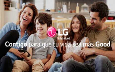 A family of four watch TV together with the LG logo overlapping